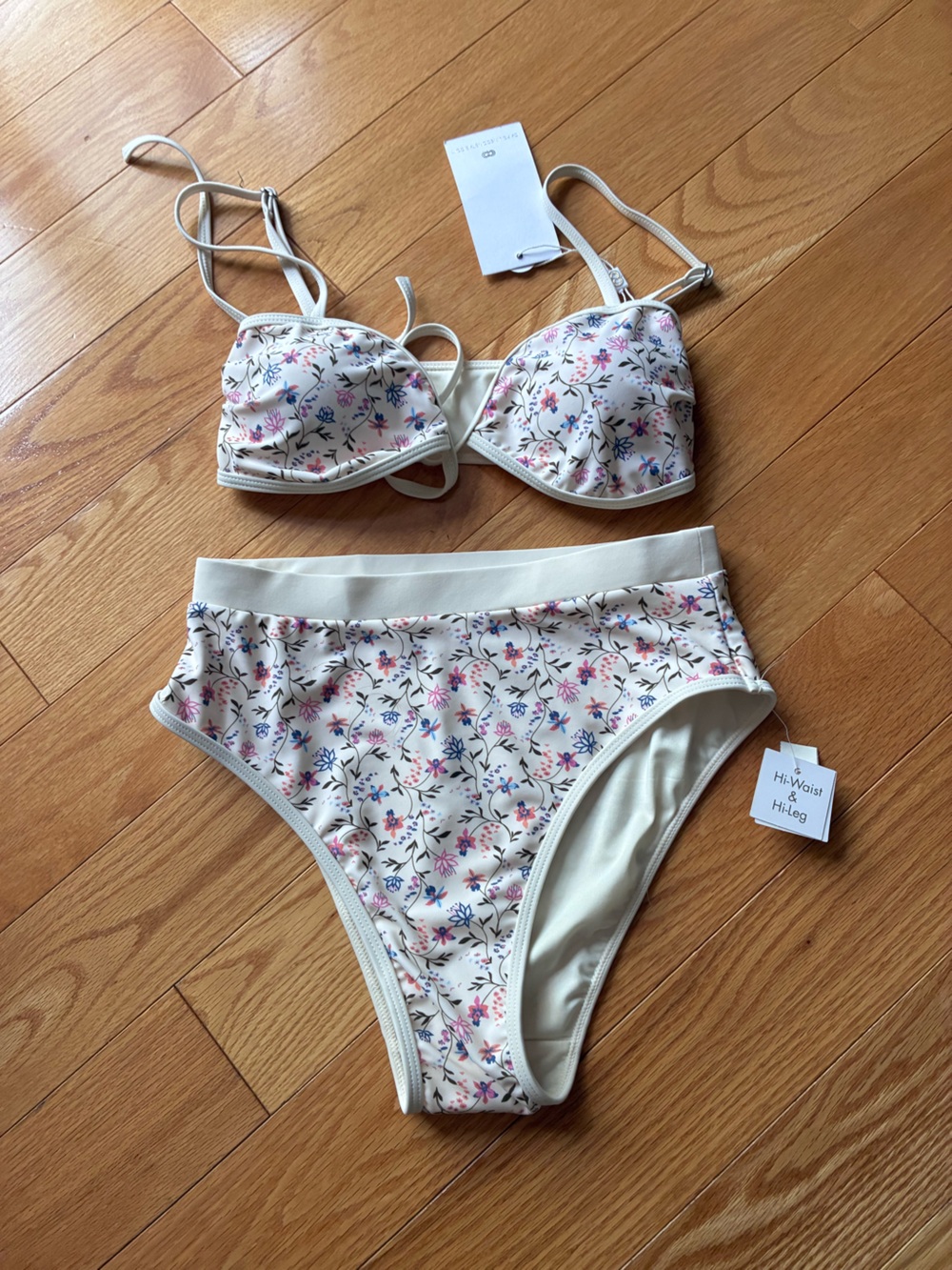 Caroline Constas Cream Floral High-Waist Bikini Set with Pink & Blue Accents
